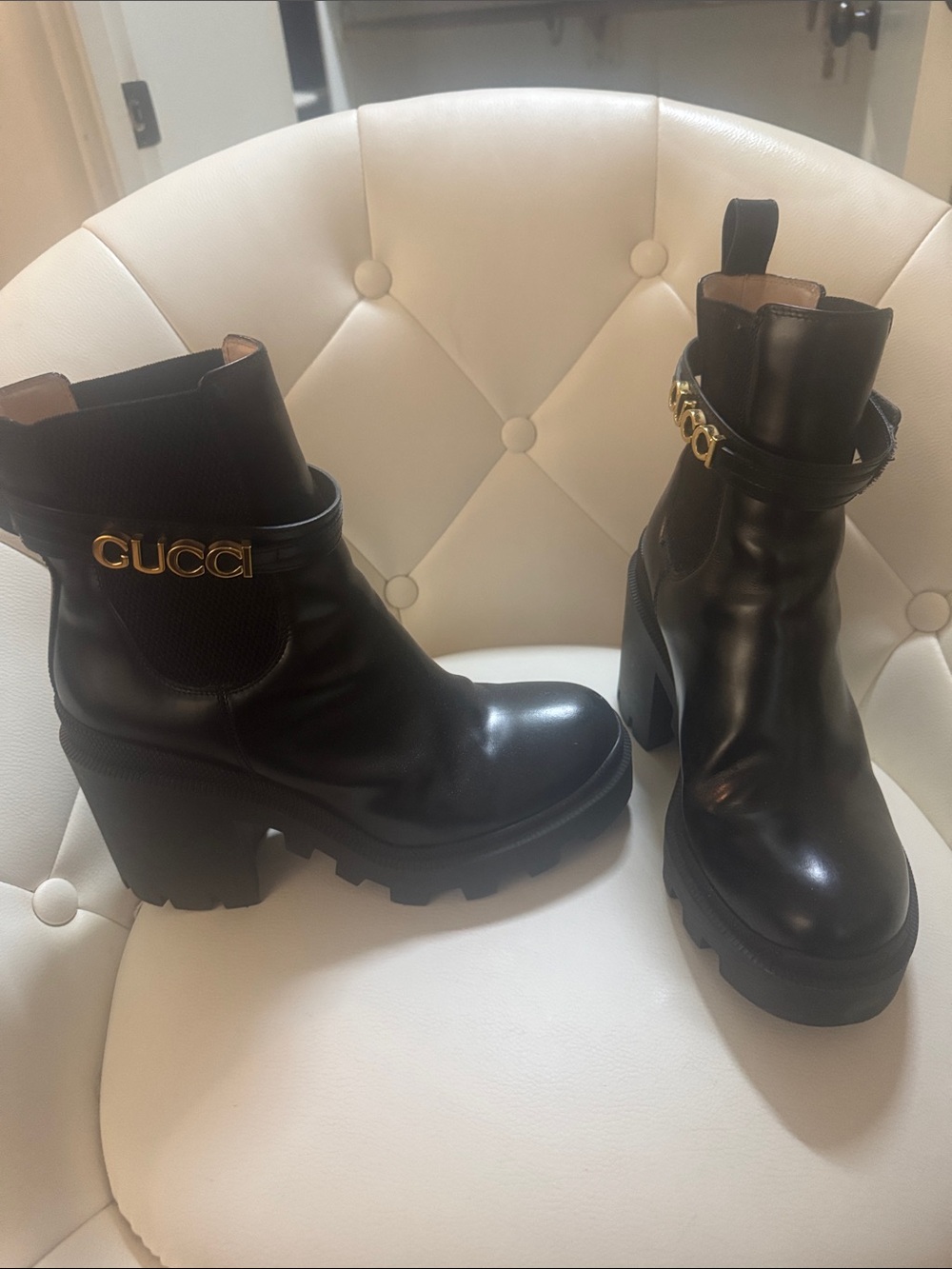 Gucci Black Leather Platform Ankle Boots with Gold Logo Chain